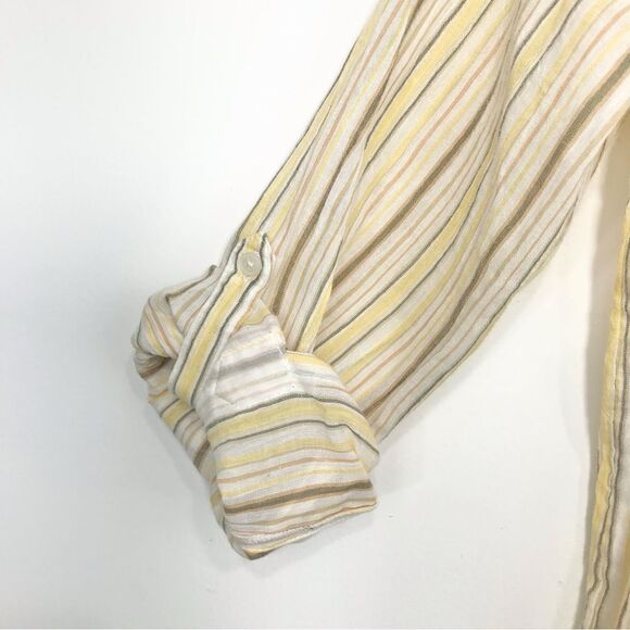 Lucky Brand Cream Brown Pinstripe Cotton Half Button Roll Sleeve Tunic Blouse - Picture 9 of 14